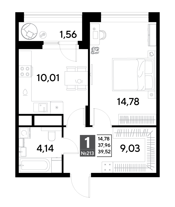 1 комн. квартира, 39.5 м², 18 этаж 