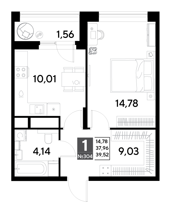 1 комн. квартира, 39.5 м², 25 этаж 