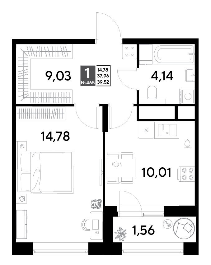 1 комн. квартира, 39.5 м², 13 этаж 