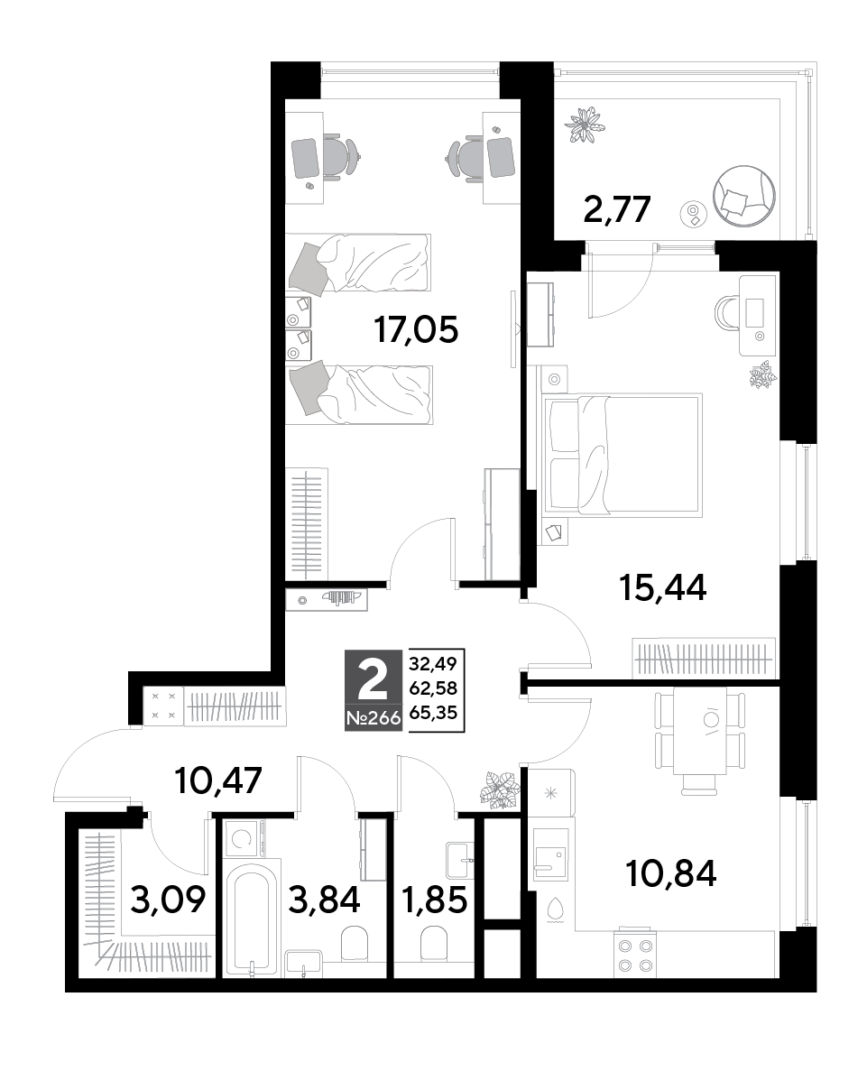 2 комн. квартира, 65.3 м², 22 этаж 
