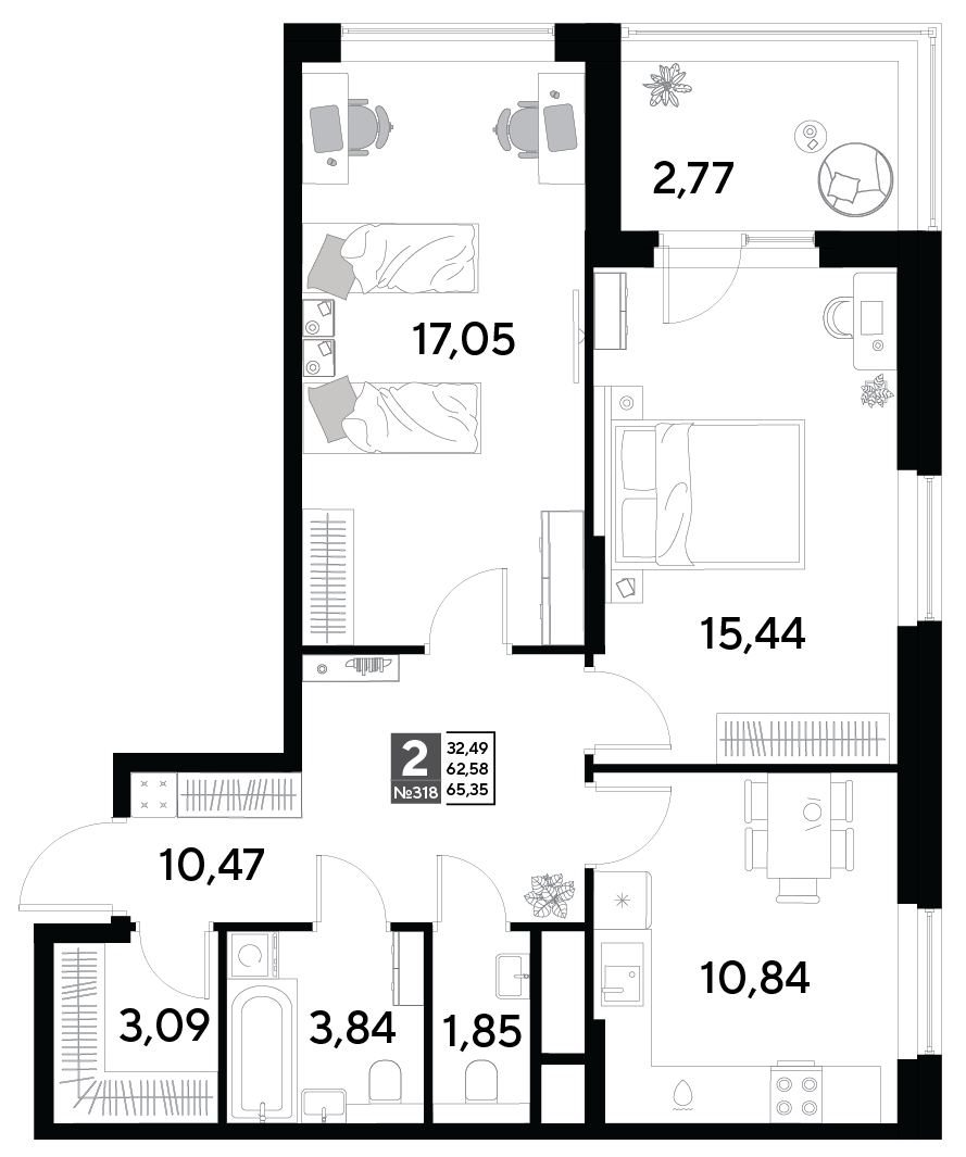 2 комн. квартира, 65.3 м², 2 этаж 