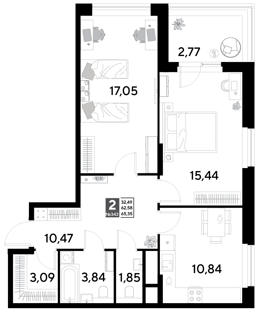 2 комн. квартира, 65.3 м², 4 этаж 