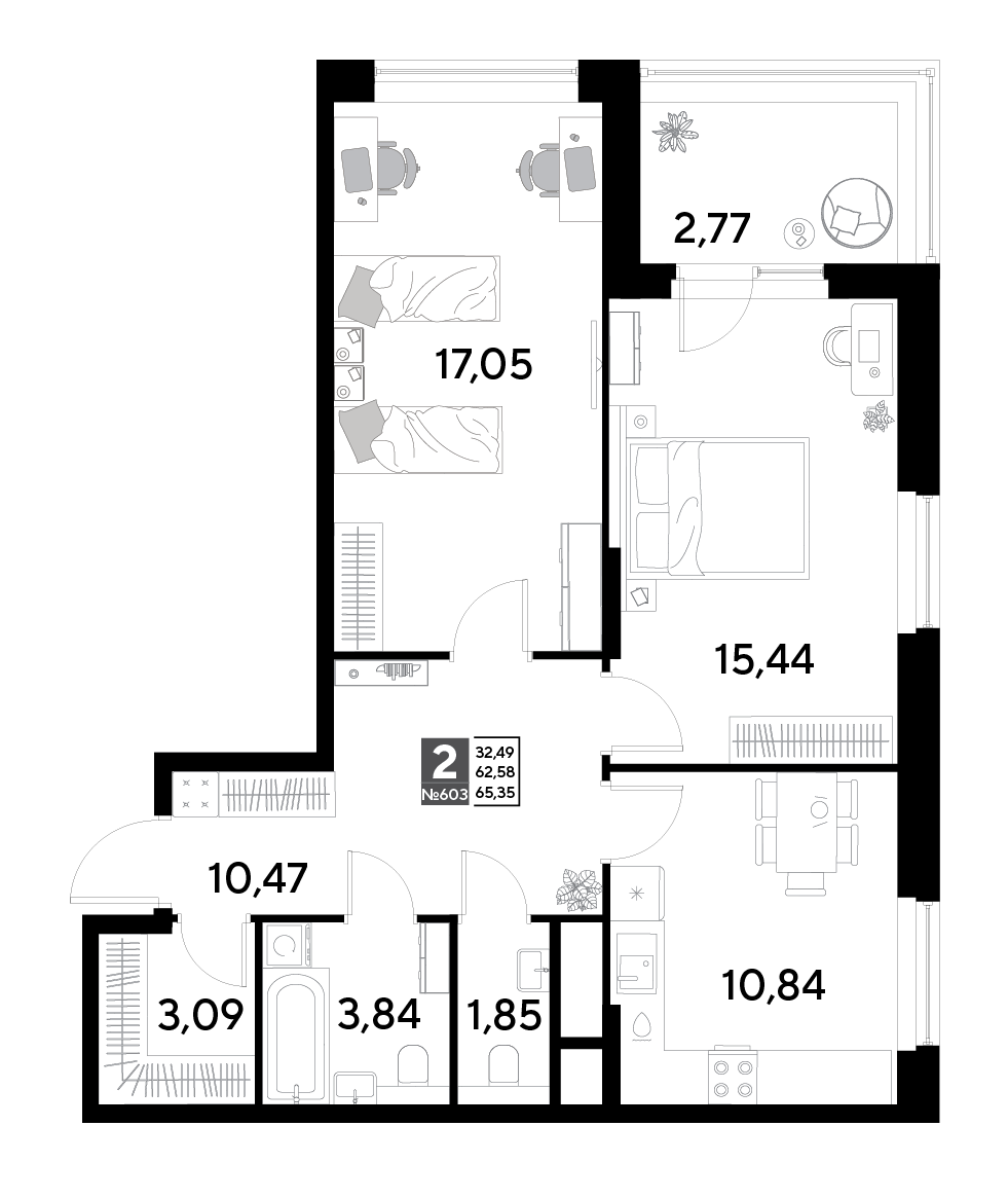 2 комн. квартира, 65.3 м², 24 этаж 