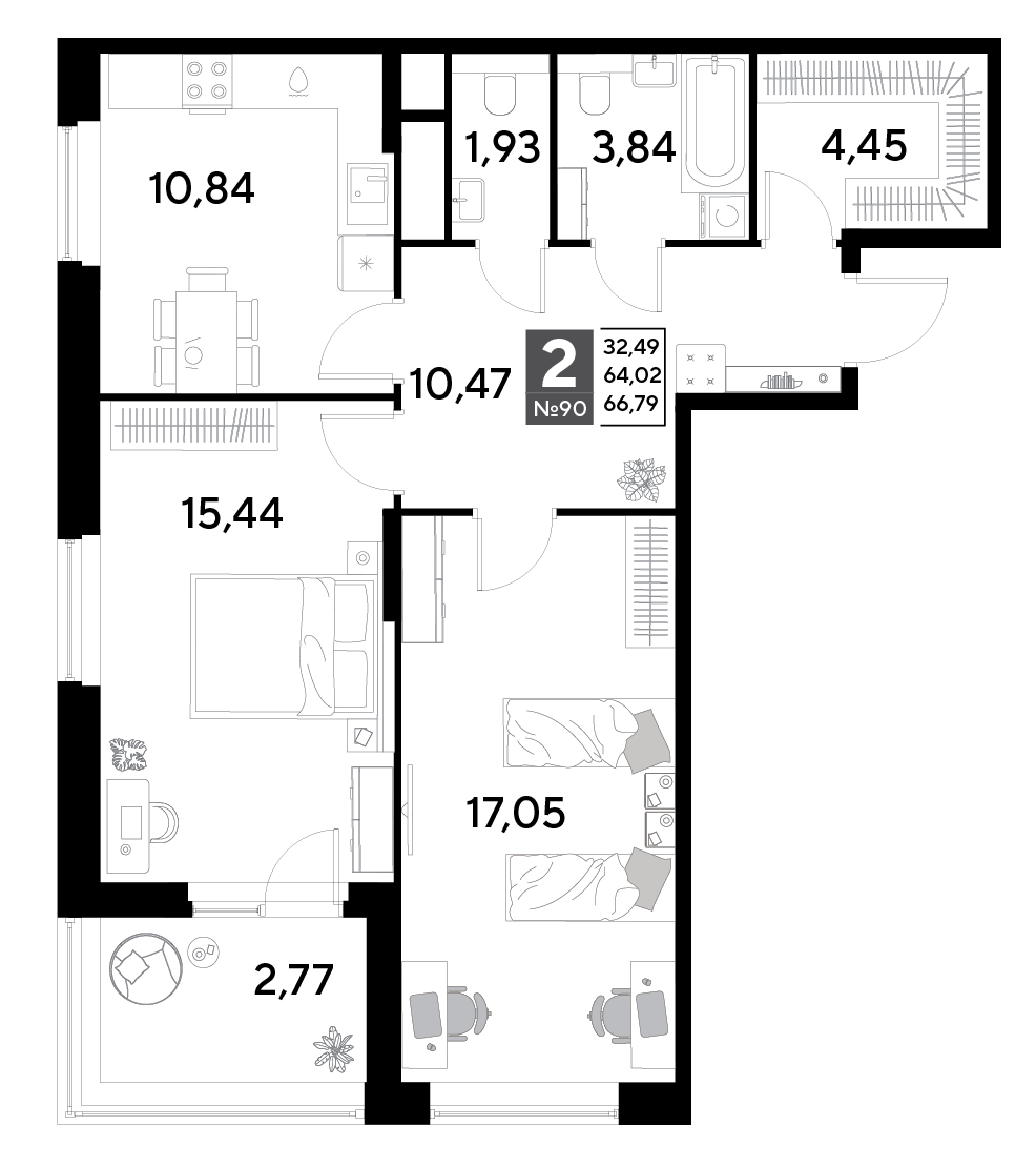 2 комн. квартира, 66.8 м², 8 этаж 