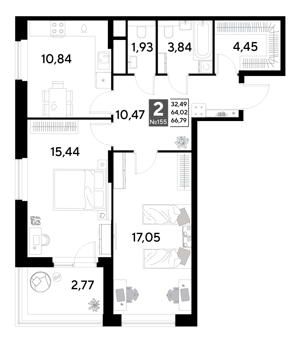 2 комн. квартира, 66.8 м², 13 этаж 