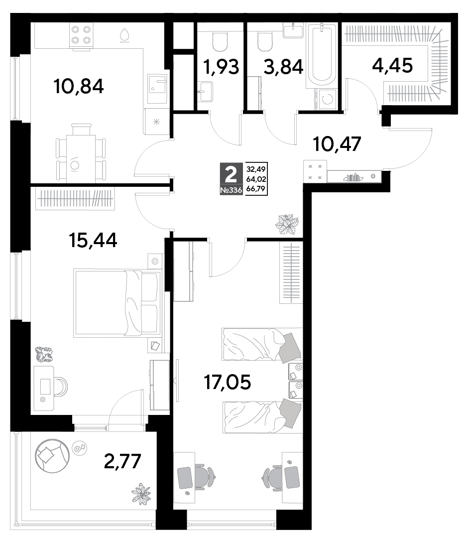 2 комн. квартира, 66.8 м², 3 этаж 