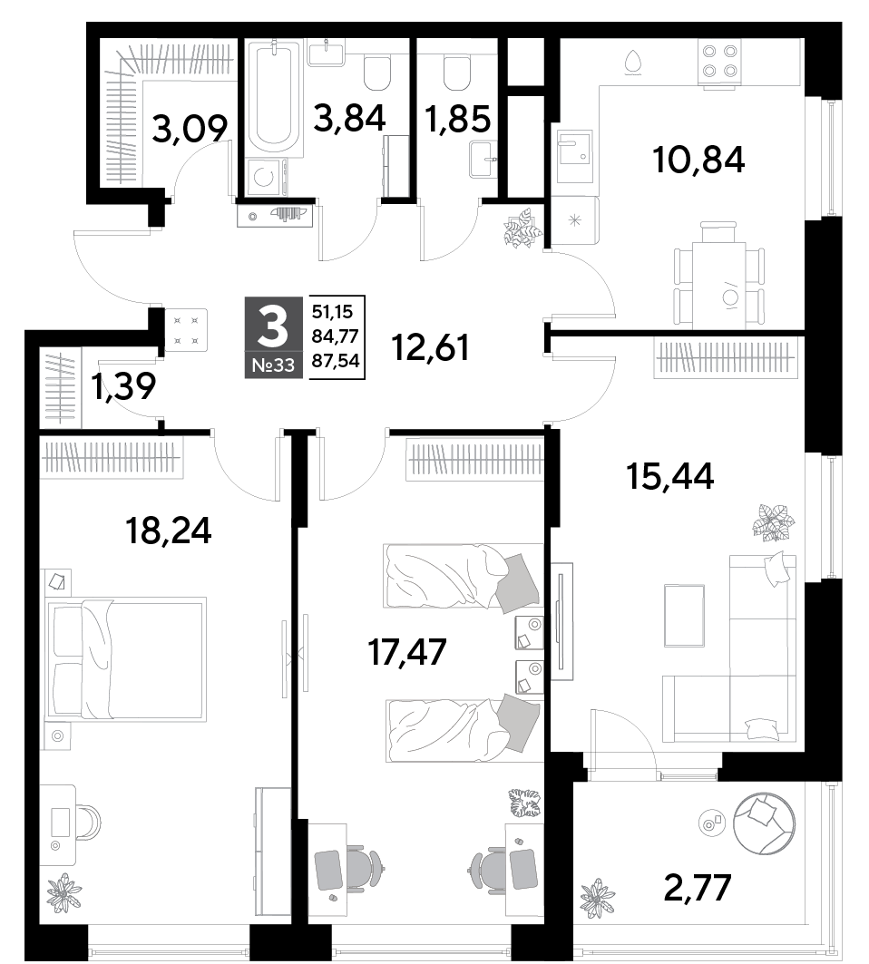 3 комн. квартира, 87.5 м², 4 этаж 