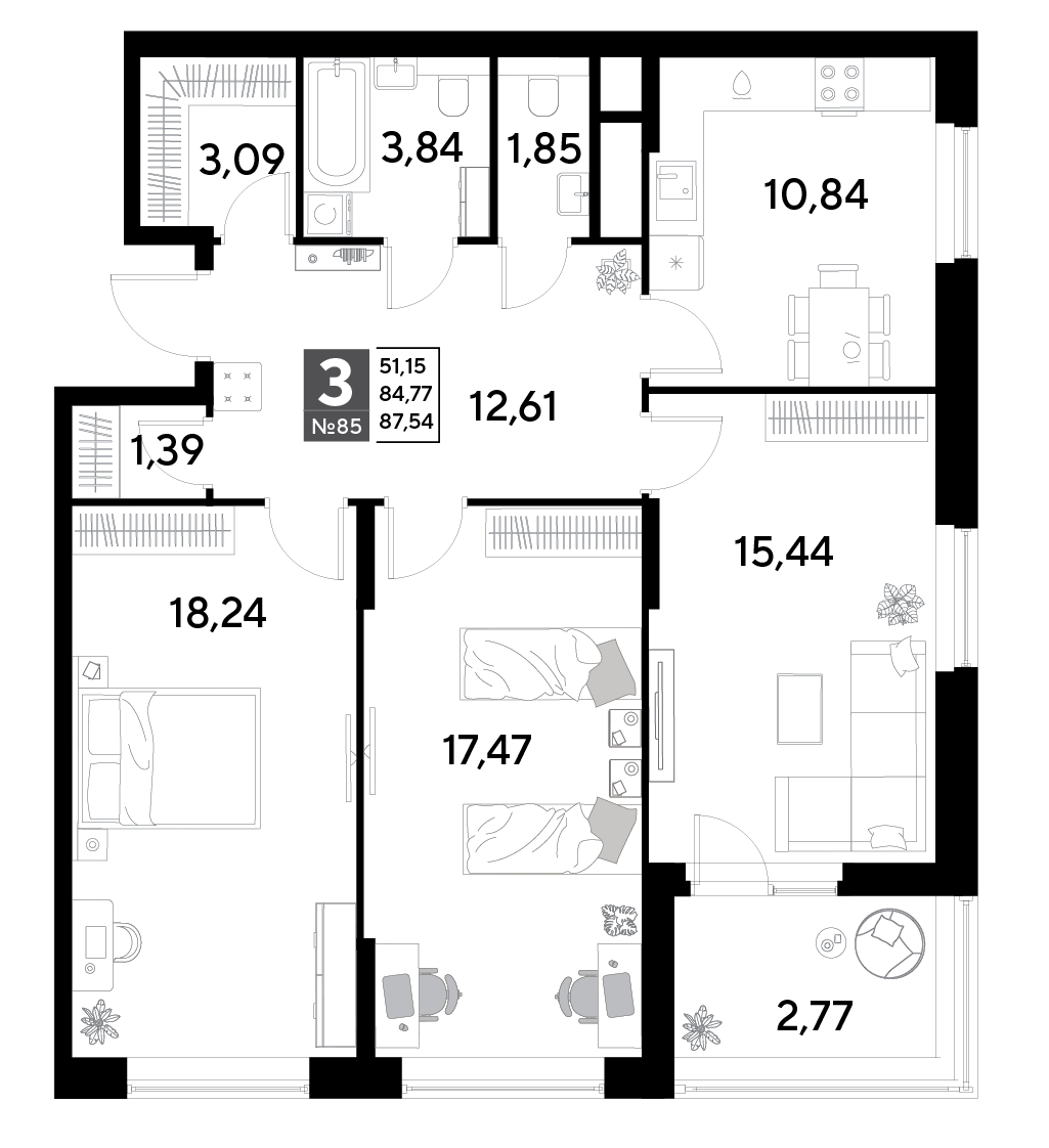 3 комн. квартира, 87.5 м², 8 этаж 
