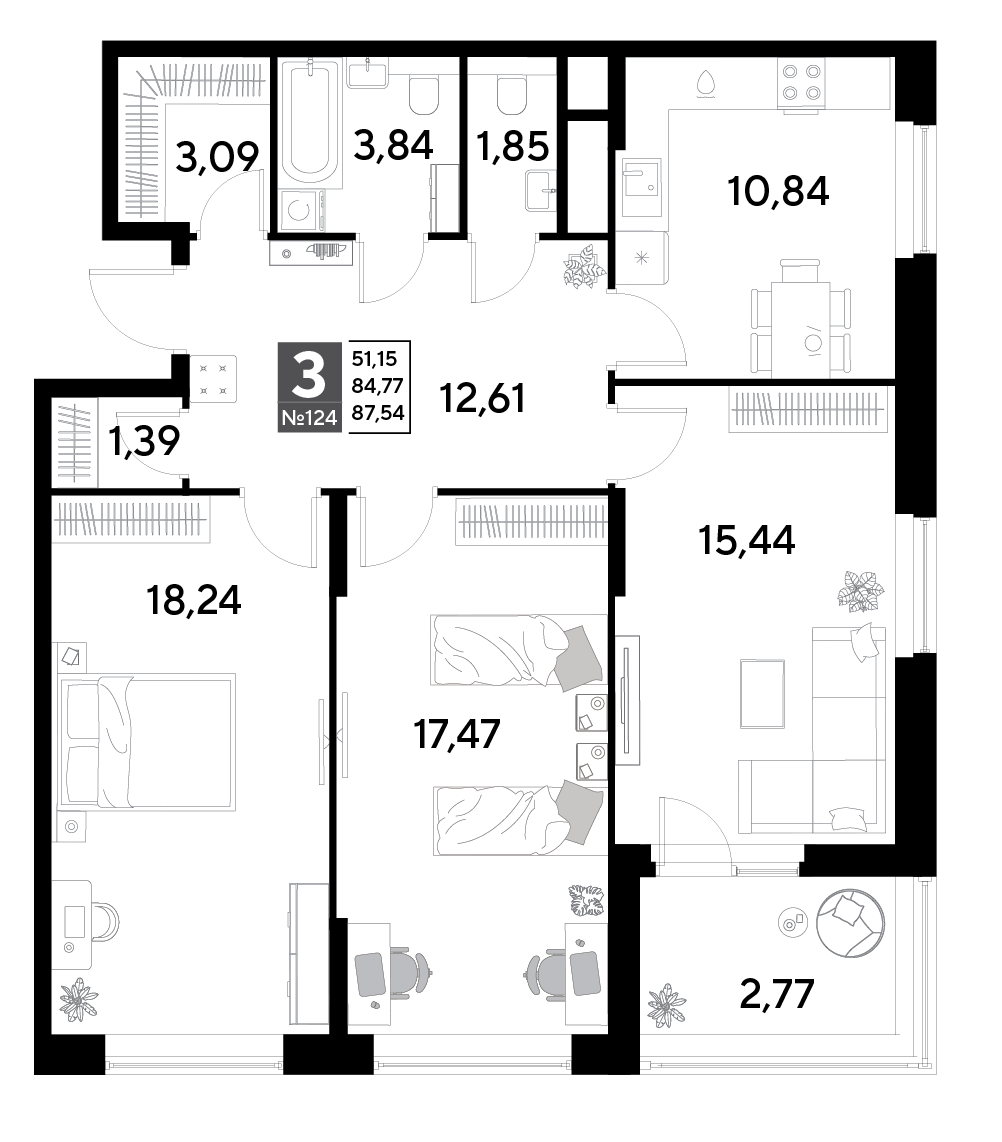 3 комн. квартира, 87.5 м², 11 этаж 