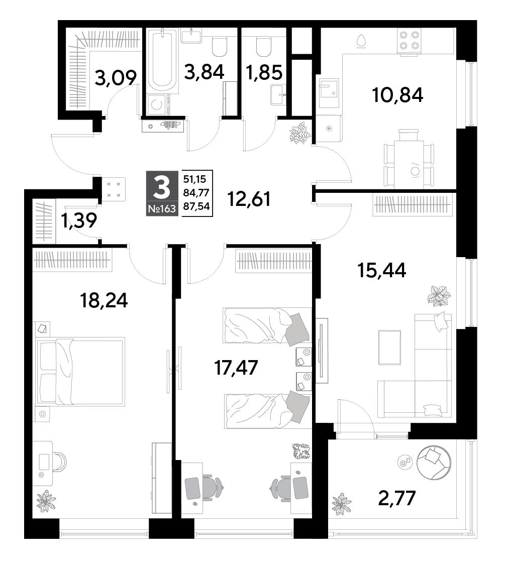3 комн. квартира, 87.5 м², 14 этаж 