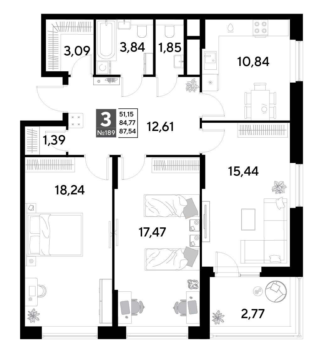 3 комн. квартира, 87.5 м², 16 этаж 