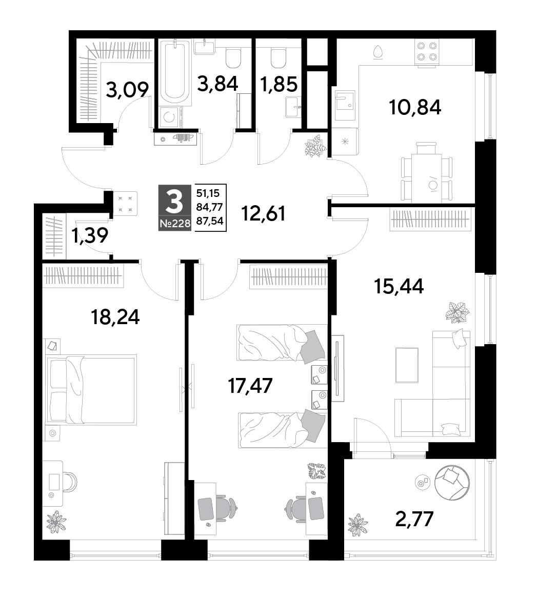 3 комн. квартира, 87.5 м², 19 этаж 