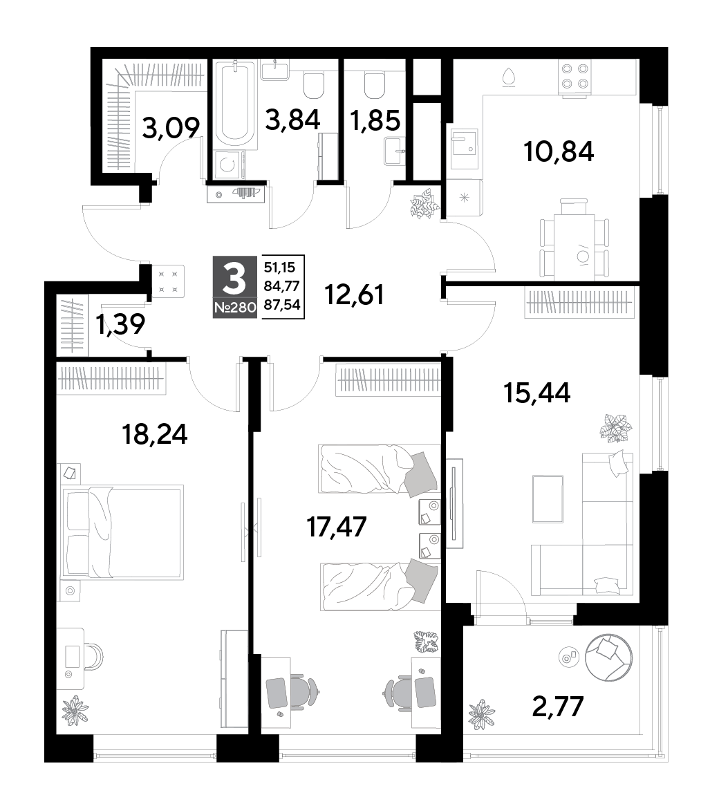 3 комн. квартира, 87.5 м², 23 этаж 