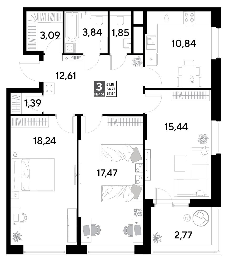 3 комн. квартира, 87.5 м², 13 этаж 