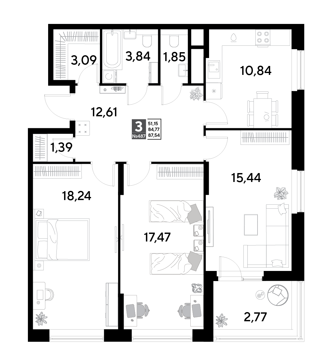 3 комн. квартира, 87.5 м², 15 этаж 