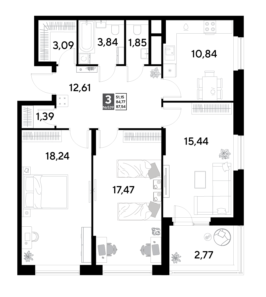 3 комн. квартира, 87.5 м², 19 этаж 
