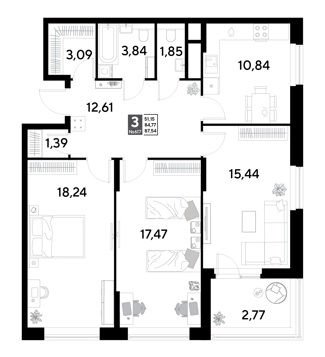 3 комн. квартира, 87.5 м², 25 этаж 