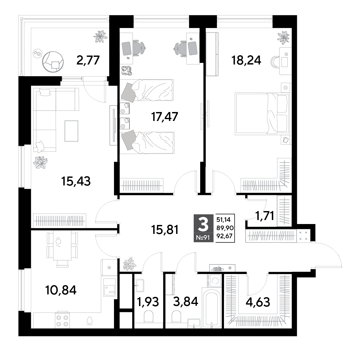3 комн. квартира, 92.7 м², 9 этаж 