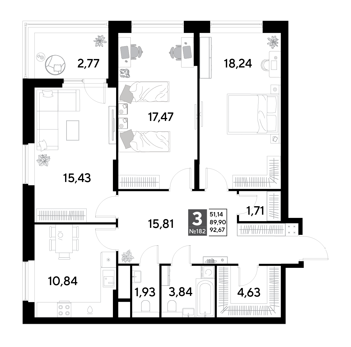 3 комн. квартира, 92.7 м², 16 этаж 