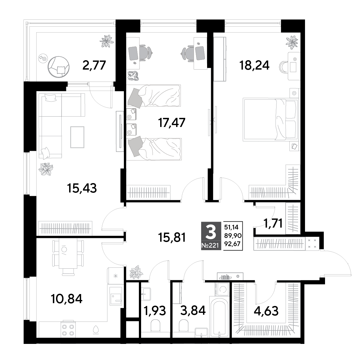 3 комн. квартира, 92.7 м², 19 этаж 
