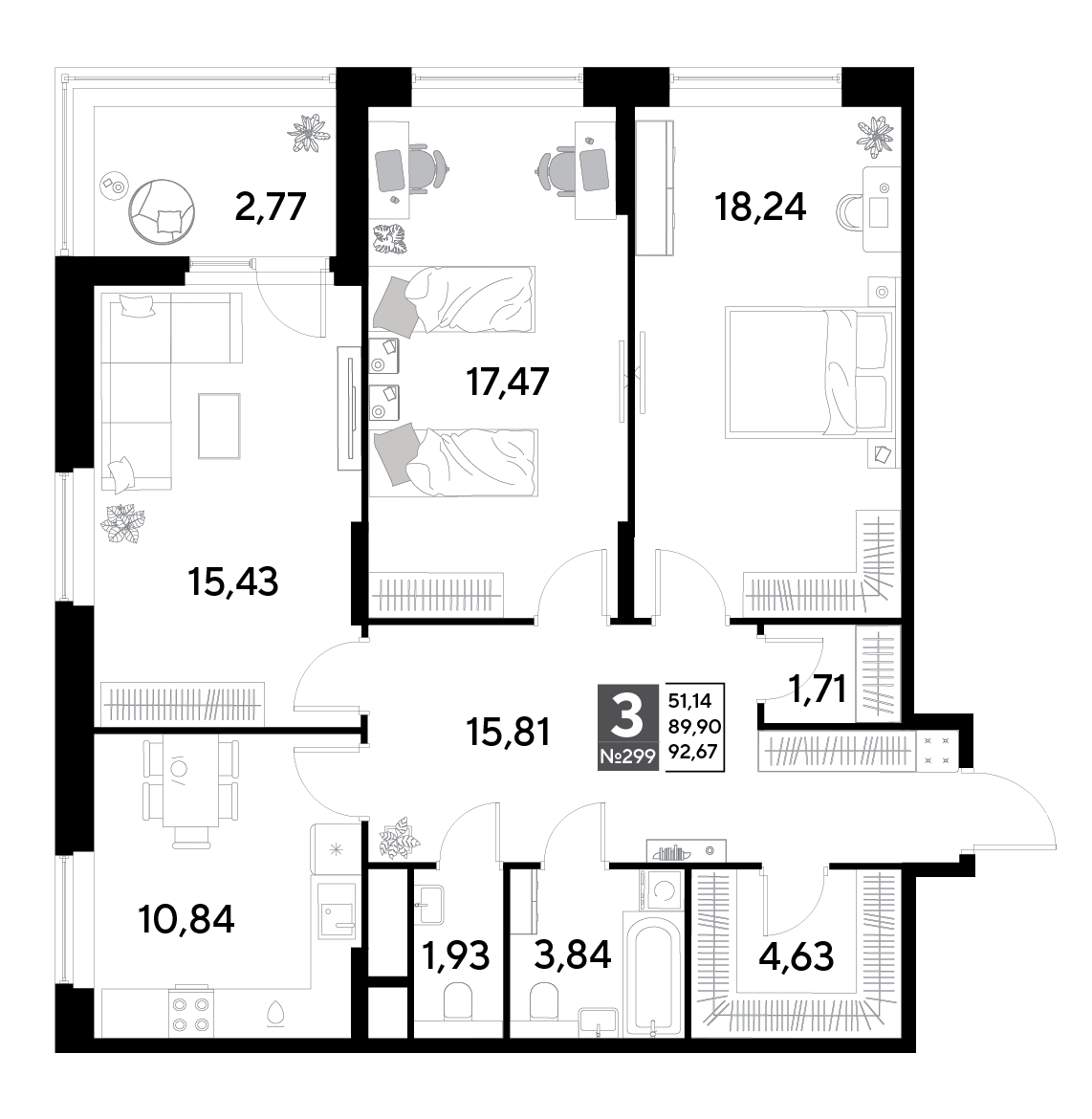 3 комн. квартира, 92.7 м², 25 этаж 