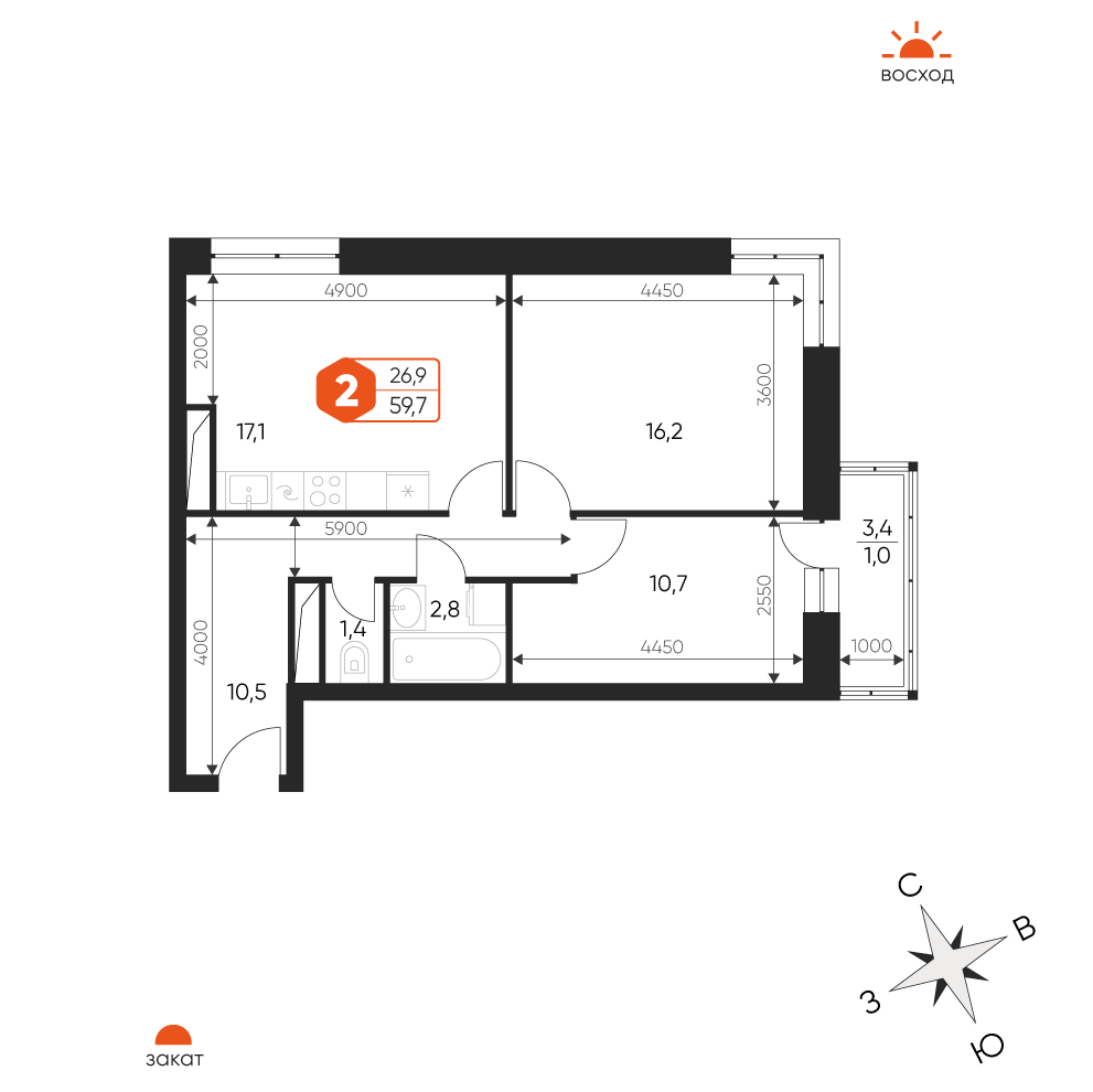 3 комн. квартира, 59.7 м², 8 этаж 