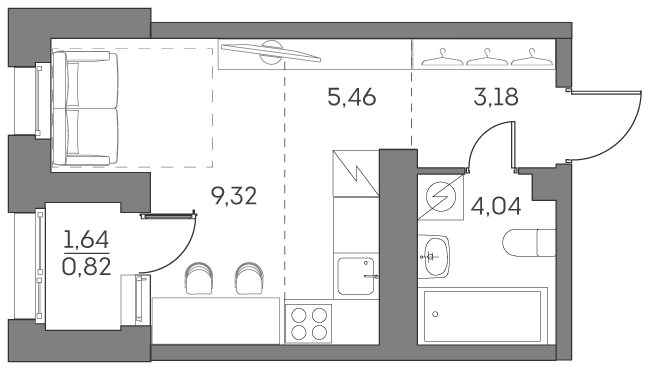 студия, 22.8 м², 23 этаж 