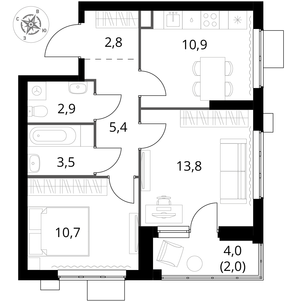 2 комн. квартира, 52 м², 5 этаж 
