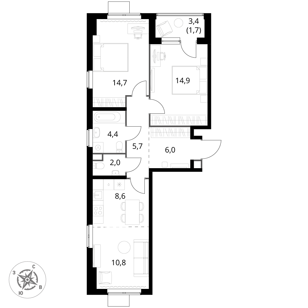 3 комн. квартира, 68.8 м², 4 этаж 