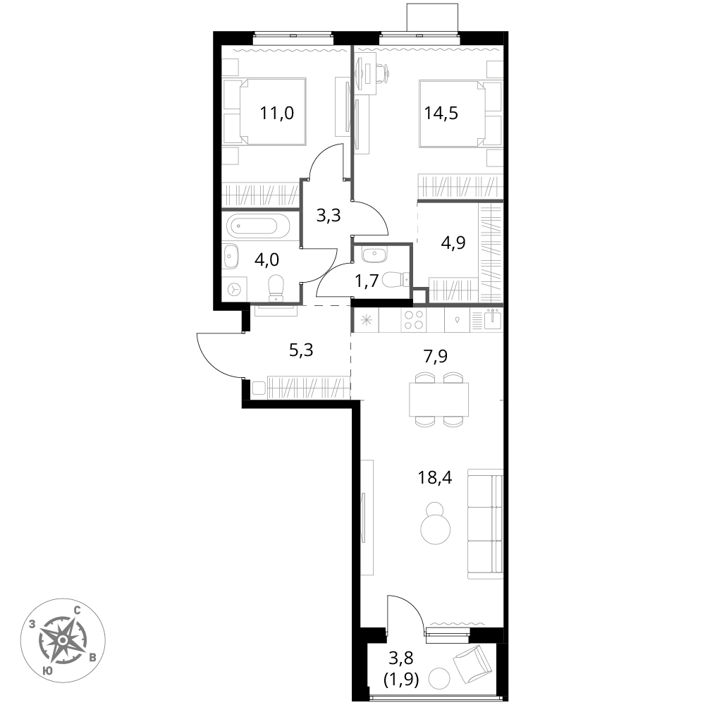 3 комн. квартира, 72.9 м², 9 этаж 