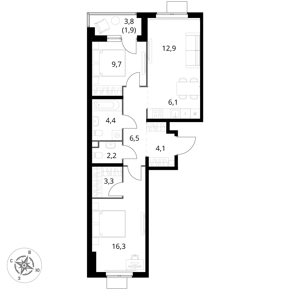 3 комн. квартира, 67.4 м², 15 этаж 