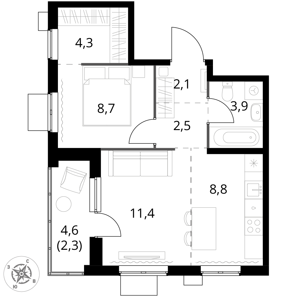 2 комн. квартира, 44 м², 4 этаж 