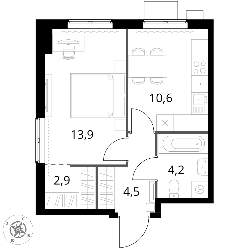 1 комн. квартира, 36.1 м², 4 этаж 