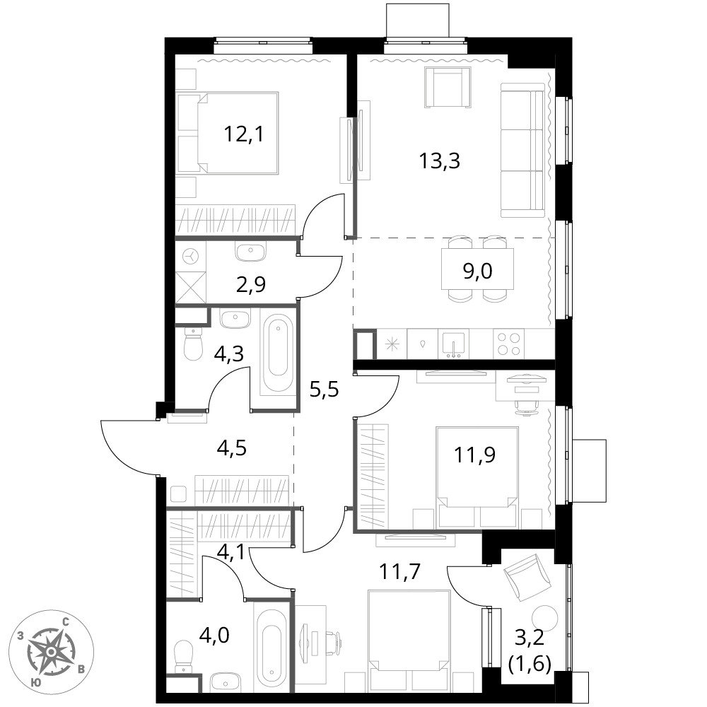 4 комн. квартира, 84.9 м², 4 этаж 