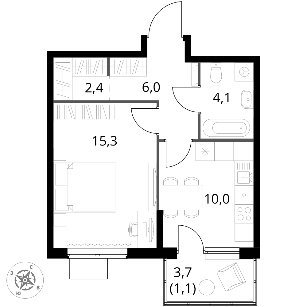1 комн. квартира, 38.9 м², 7 этаж 