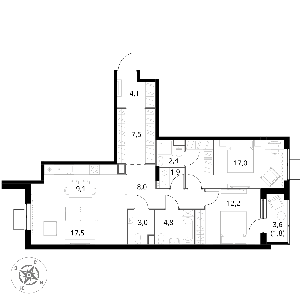 3 комн. квартира, 89.3 м², 8 этаж 