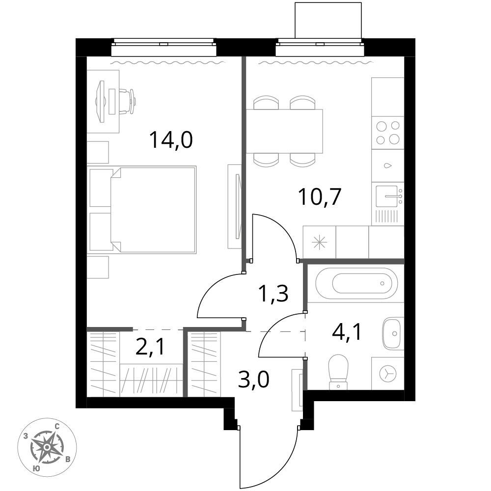 1 комн. квартира, 35.2 м², 14 этаж 