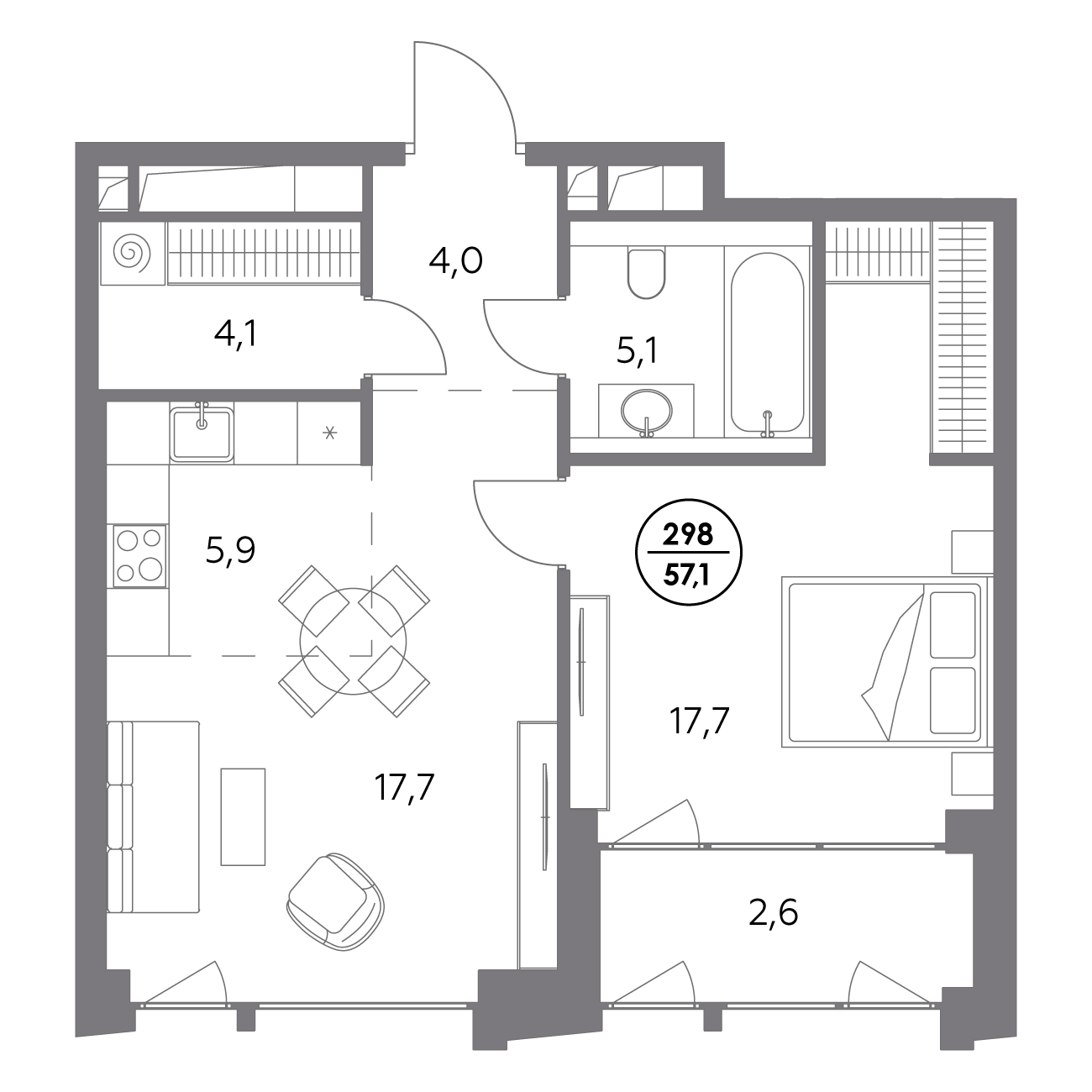 1 комн. квартира, 57.1 м², 6 этаж 