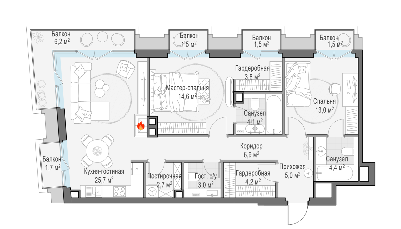 2 комн. квартира, 94.3 м², 5 этаж 