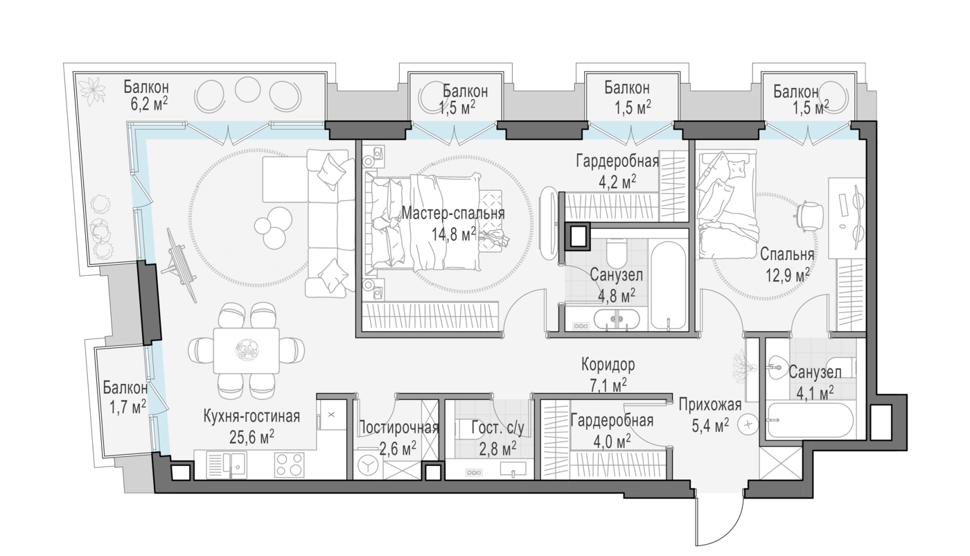 2 комн. квартира, 94.6 м², 2 этаж 