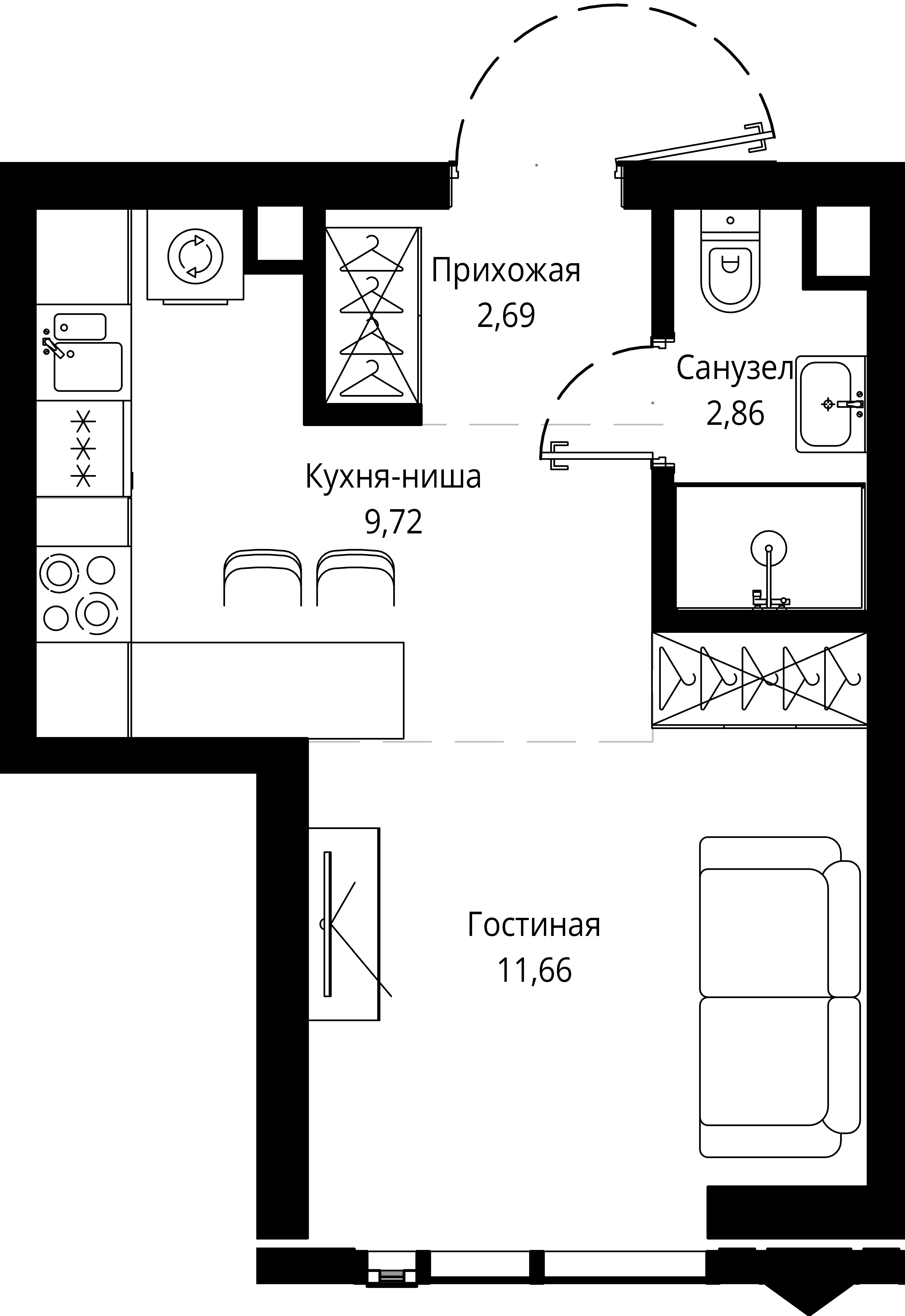 1 комн. квартира, 26.8 м², 17 этаж 