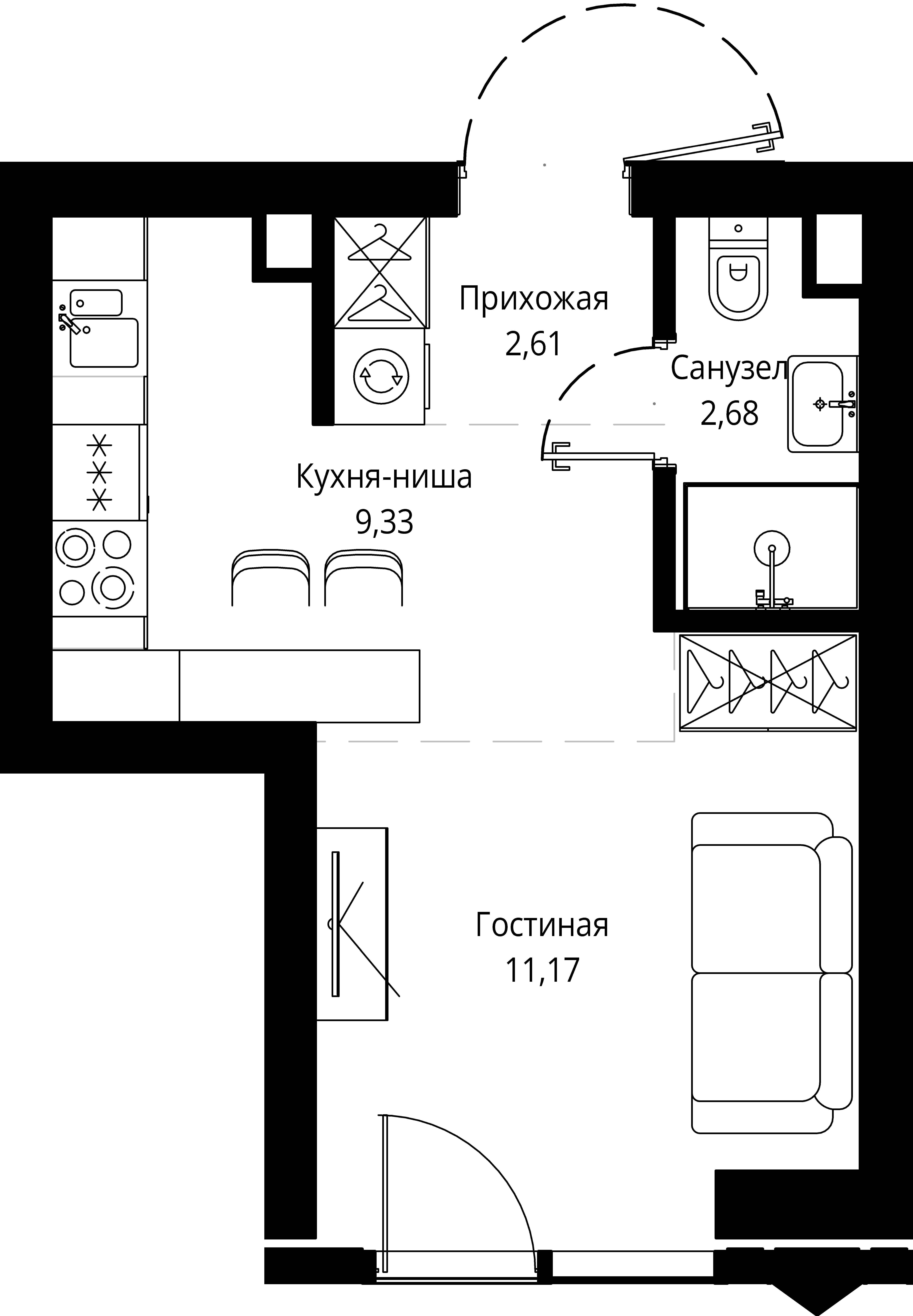 1 комн. квартира, 25.7 м², 3 этаж 