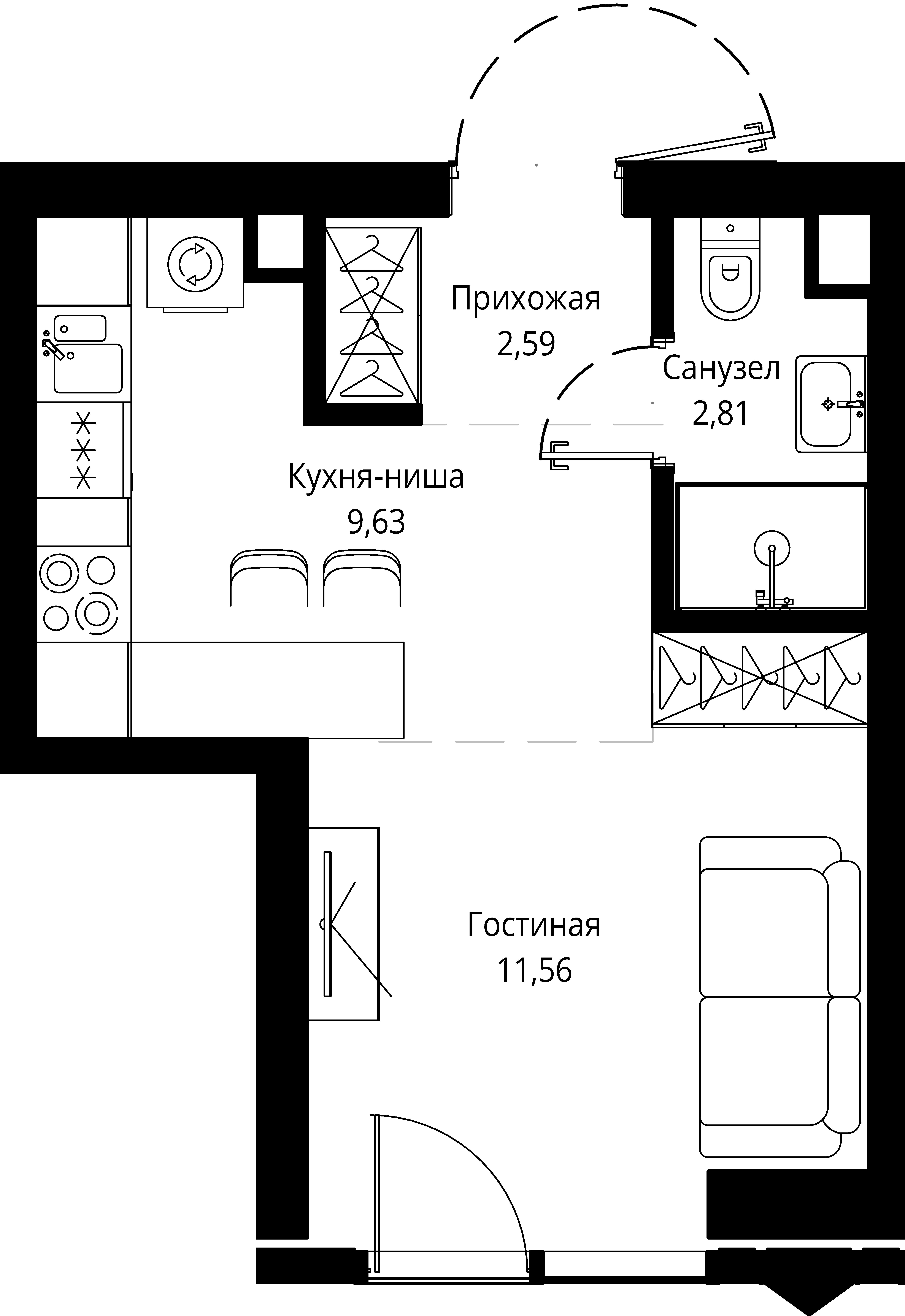 1 комн. квартира, 26.7 м², 6 этаж 