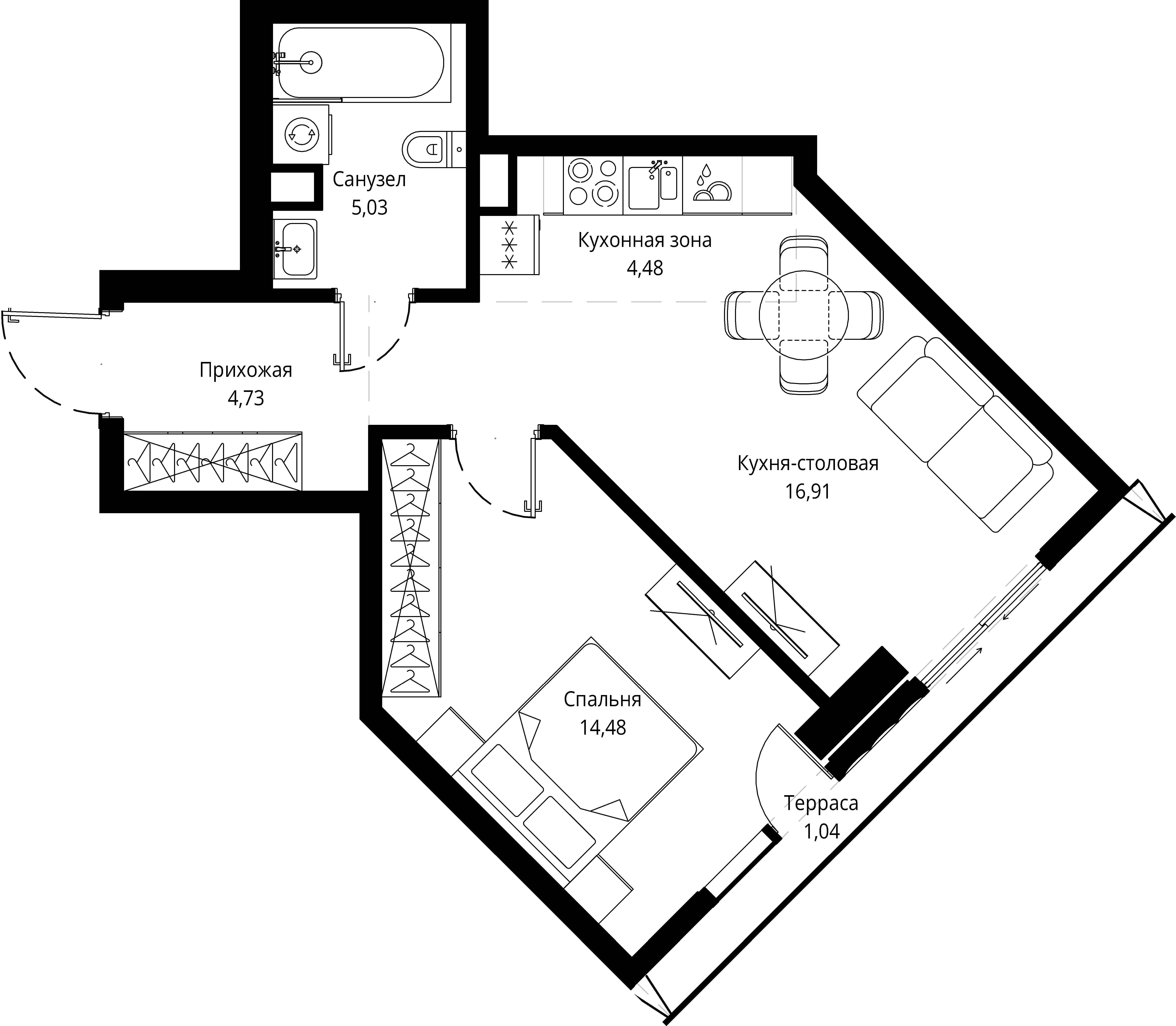 1 комн. квартира, 47.3 м², 19 этаж 