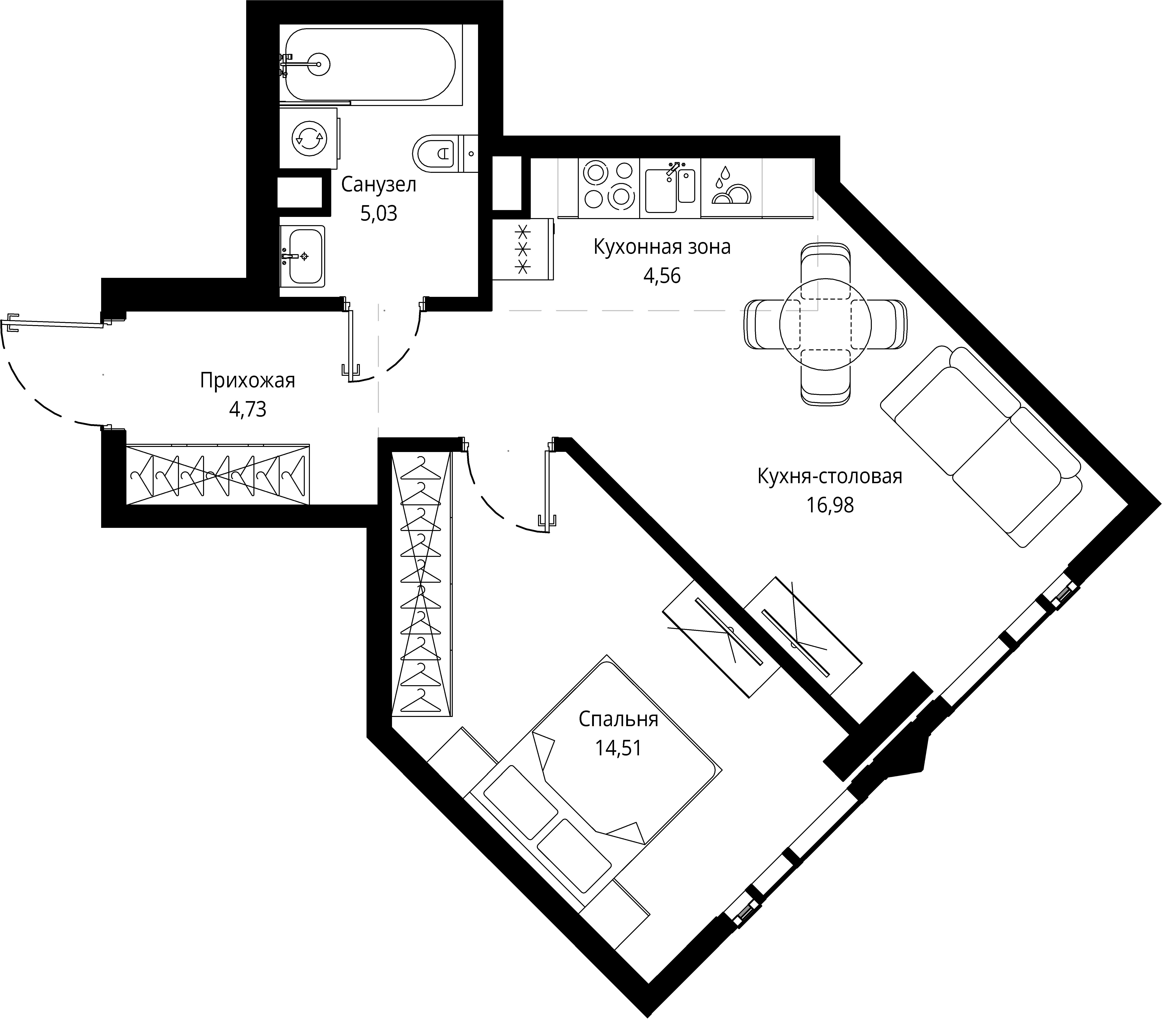 1 комн. квартира, 45.7 м², 52 этаж 