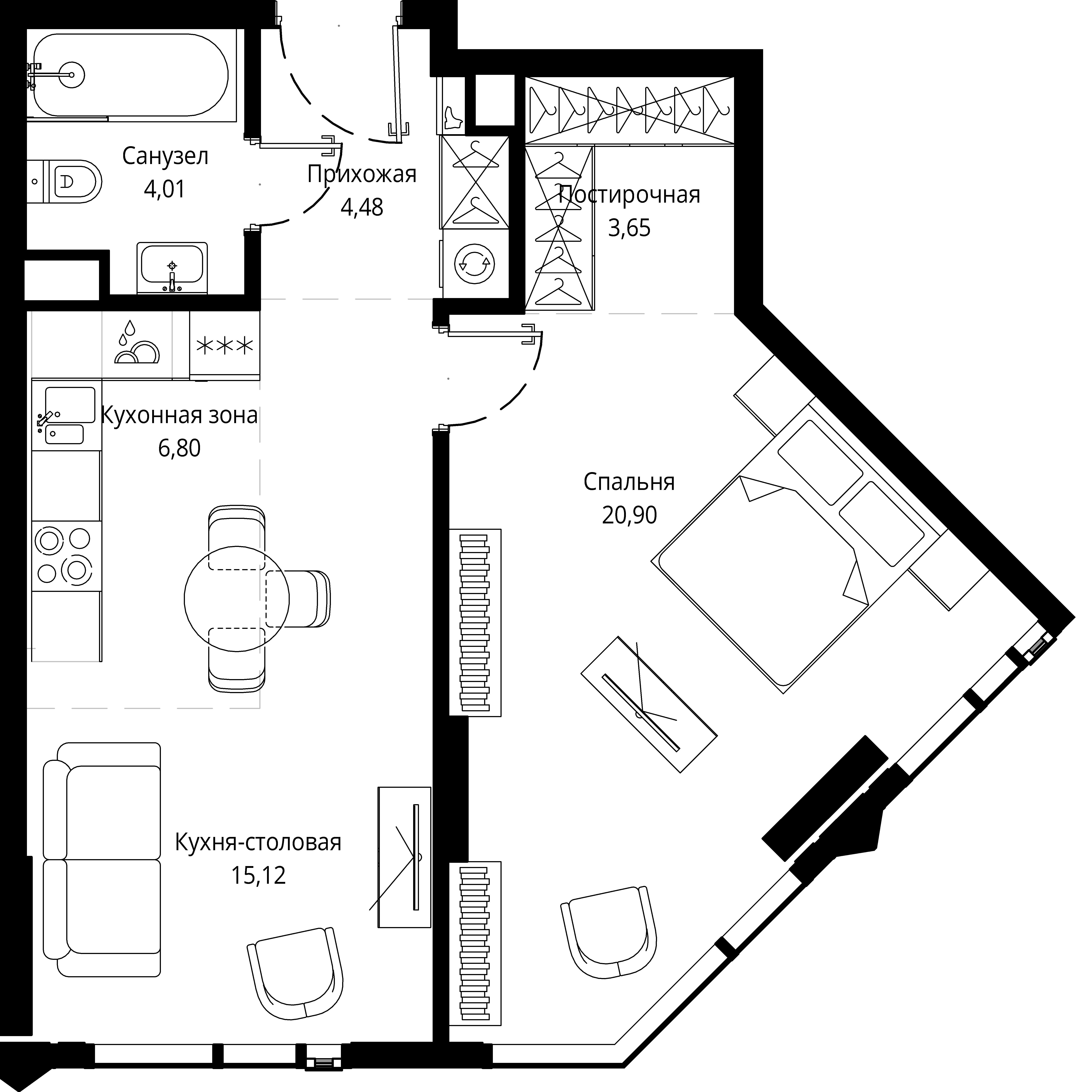 1 комн. квартира, 54.8 м², 46 этаж 