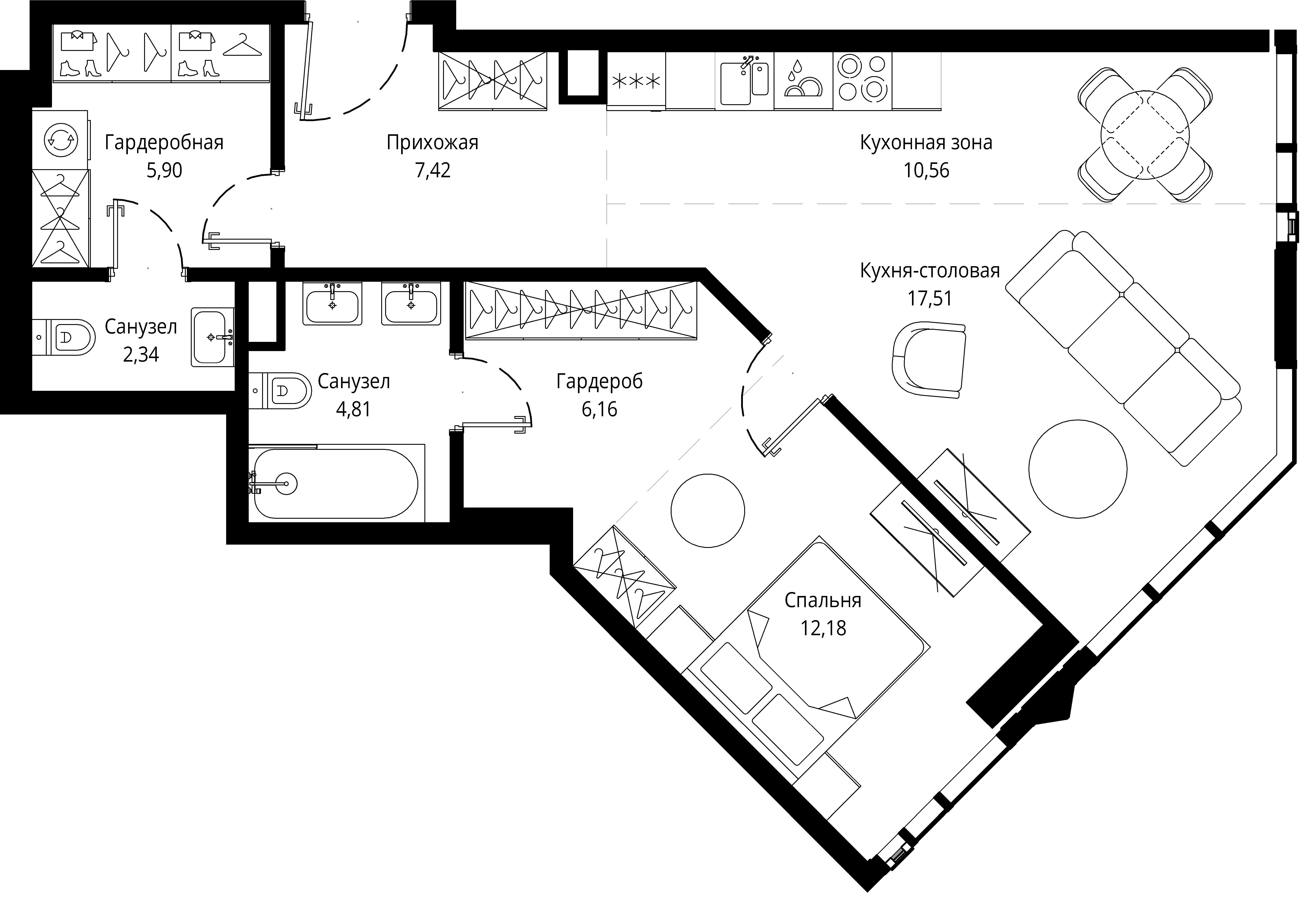квартира со свободной планировкой, 67 м², 29 этаж 