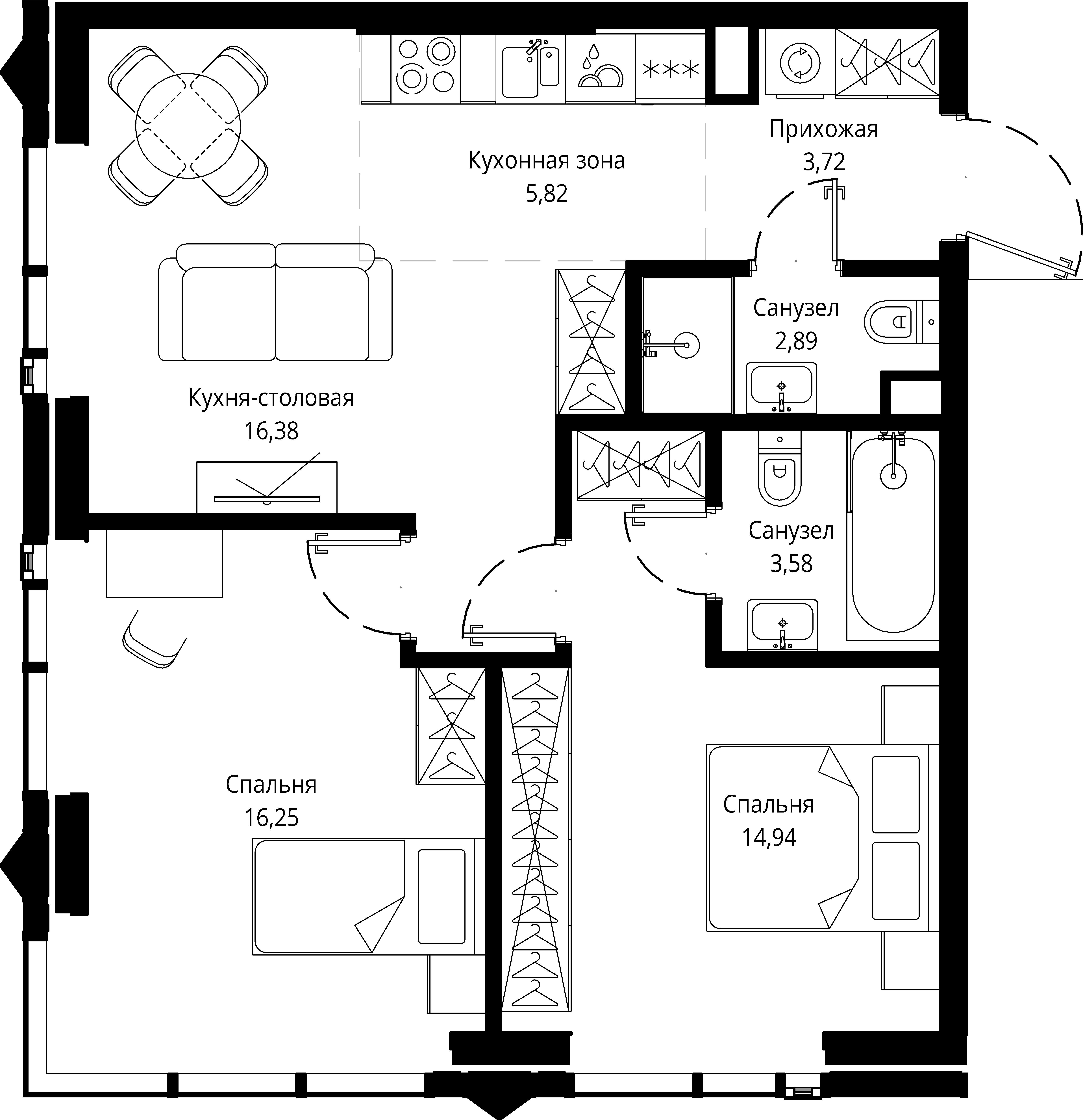 2 комн. квартира, 63.1 м², 34 этаж 