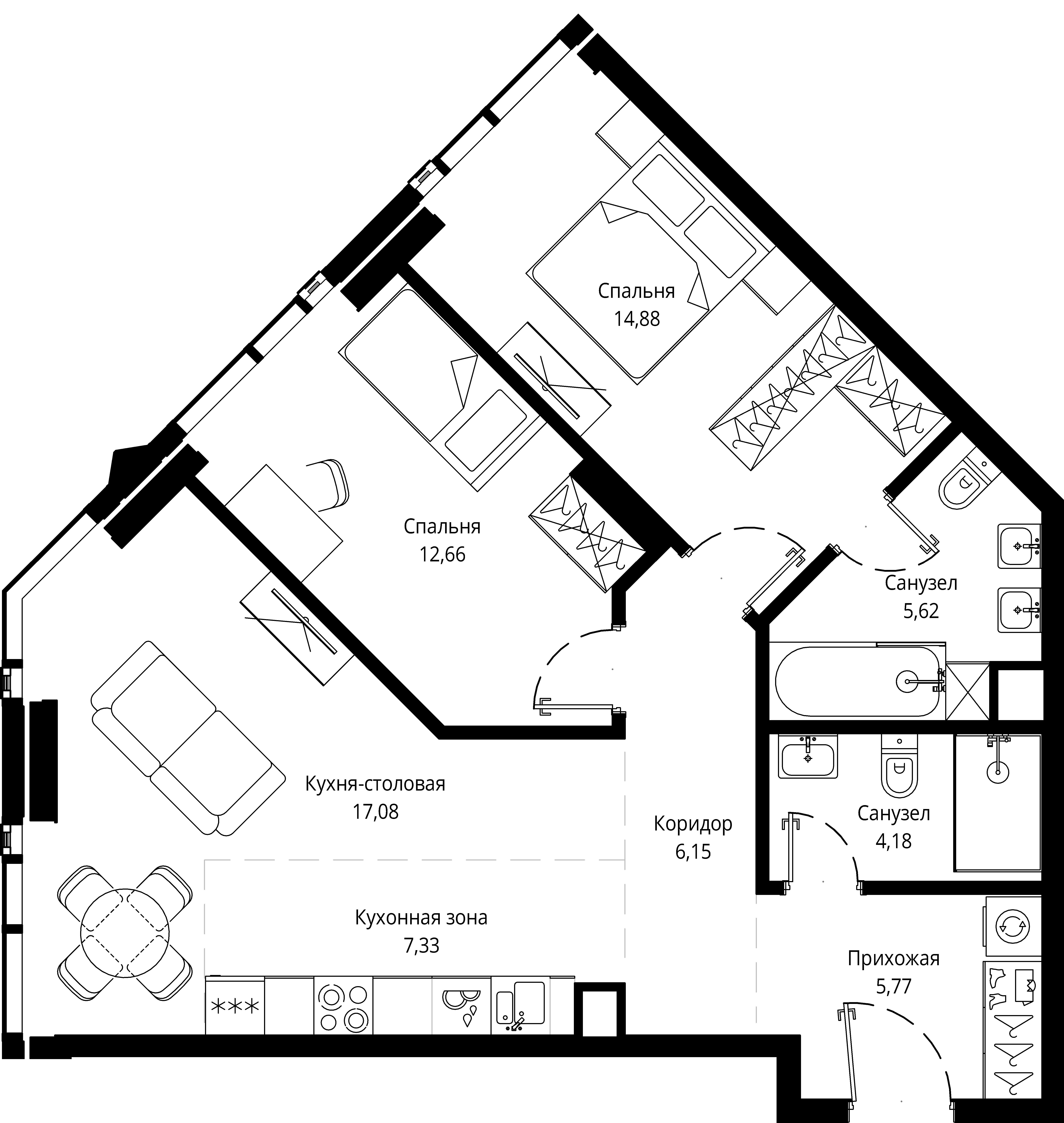2 комн. квартира, 73.3 м², 34 этаж 