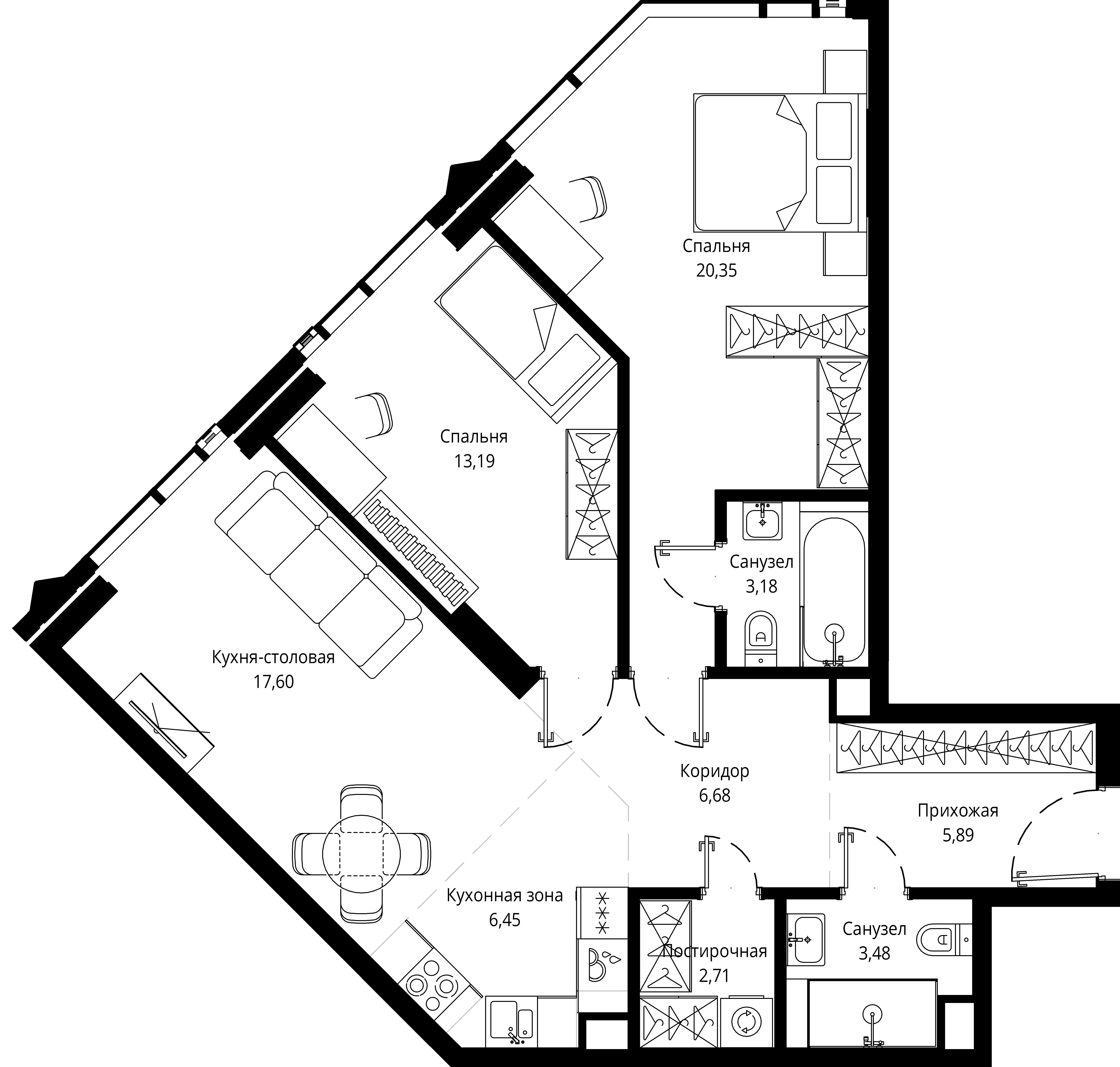 2 комн. квартира, 78.9 м², 34 этаж 